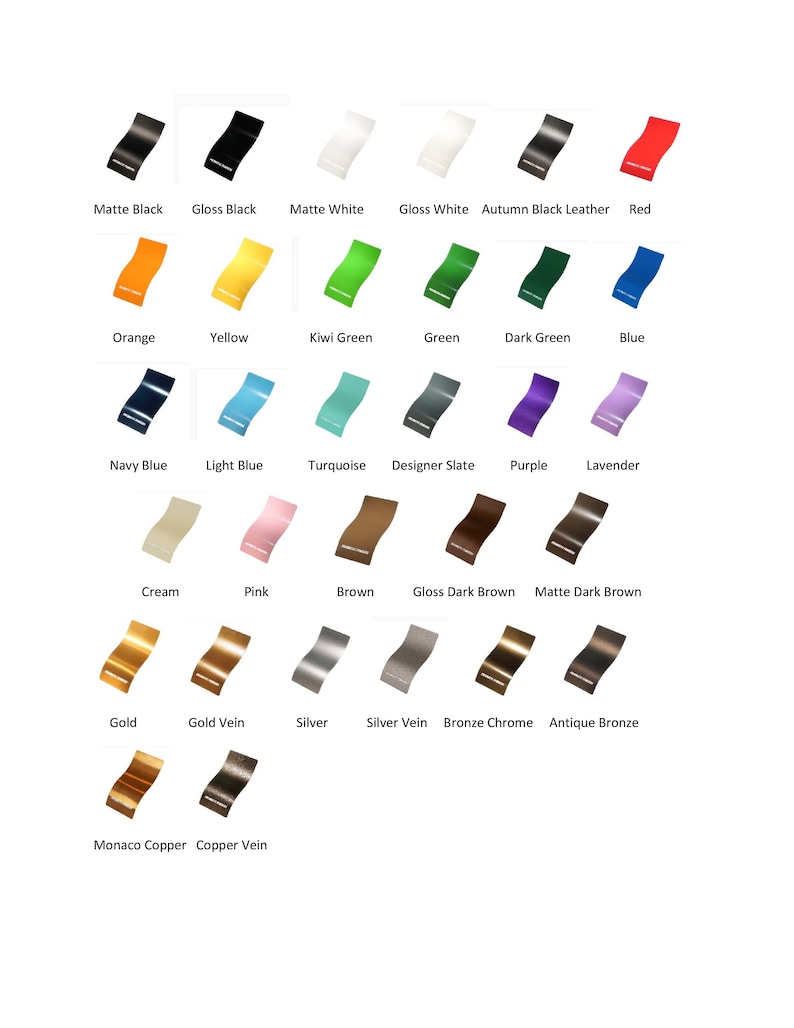 Peut inclure: Un tableau pr&eacute;sentant 24 couleurs de peinture diff&eacute;rentes, notamment noir mat, noir brillant, blanc mat, blanc brillant, cuir noir automnal, rouge, orange, jaune, vert kiwi, vert, vert fonc&eacute;, bleu, bleu marine, bleu clair, turquoise, ardoise design, violet, lavande, cr&egrave;me, rose, marron, marron fonc&eacute; brillant, marron fonc&eacute; mat, or, or vein&eacute;, argent, argent vein&eacute;, chrome bronze, bronze antique, cuivre monaco et cuivre vein&eacute;.
