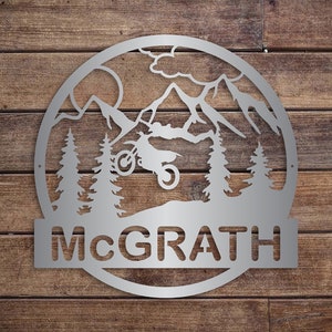 Motorcycle Dirt Bike Mountains and Pine Trees Metal Sign - Garage - Man Cave Decor - Custom - Personalized Sign - Perfect Christmas Gift