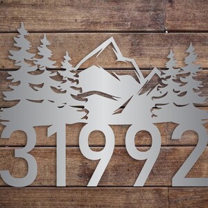 Custom Metal Address Sign: Mountain & Tree Design, Powder Coated Steel
