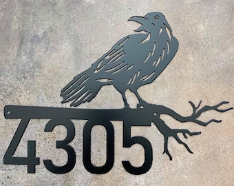 Crow Metal Address Sign, Front Porch House Numbers Plaque, Crow and Tree Limb Address Sign, Housewarming, The Raven, Halloween, Christmas