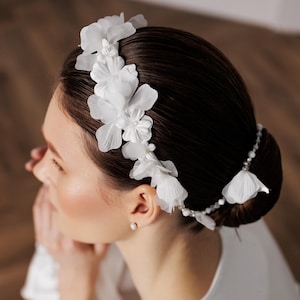 Bloemen bruidszendspoel voor voorhoofd, bruidshoofdband bohoblad, hoofdketting voor bruiloft, bloemenhoofdband bruid, bloem bruidskroon wit