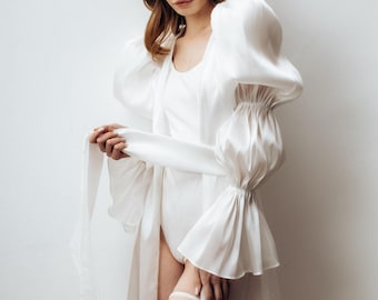 Puff Sleeves bridal robe, Organza bridal robe, Wedding get ready outfit bride, Getting ready robe long train, Sheer bridal robe long
