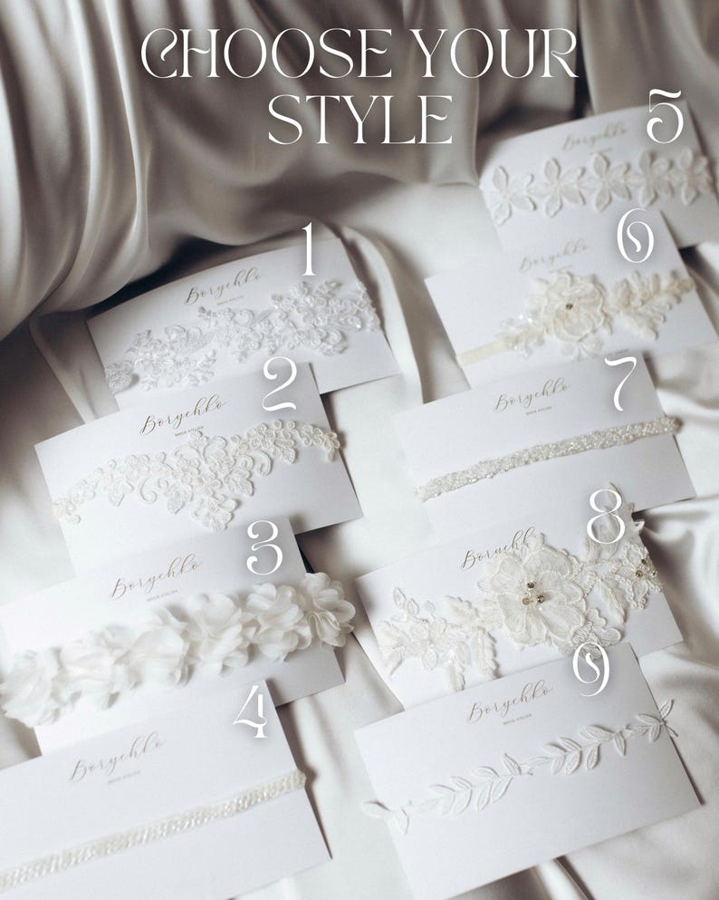 May include: Nine different styles of white lace garters with the word 'Boryekle' printed on each card. The garters are arranged in a grid pattern on a white surface. CHOOSE YOUR STYLE is printed at the top of the image.