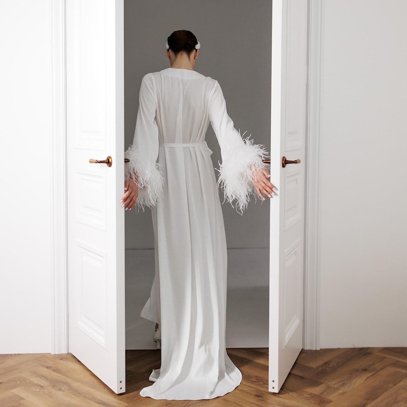 Bridal robe with feathers on sleeve, Wedding robe long train, Silk robe, Getting ready robe, Detachable feathers robe, Getting ready outfits