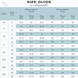 May include: A size guide chart with measurements in inches and centimeters. The chart includes bust, waist, and hip measurements for sizes XS to 4XL. The text "SIZE GUIDE by addesignstyle" is at the top.