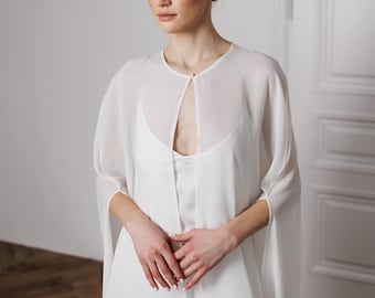 Bridal cover up for wedding dress, Bridal topper long sleeve, Long bridal cape, Chiffon bridal cape, Wedding wrap cape, Wedding dress shawl