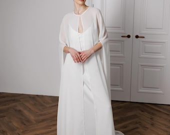 Wedding dress topper sheer, Bridal cover up for wedding dress, Wedding cape train, Bridal cape chiffon,Shoulder cape veil,Simple bridal cape