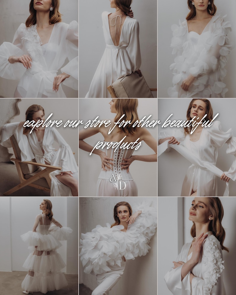 May include: A collage of six images featuring women wearing white dresses and gowns. The images are arranged in a grid format. The text 'explore our store for other beautiful products' is superimposed over the images. The text '&D' is in the center of the collage.