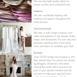 May include: A collage showcasing fabric swatches and bridal wear. The image includes text about quality, shipping, the collection, and reviews. The collection includes robes, pajamas, slip dresses, bridal capes, and accessories.