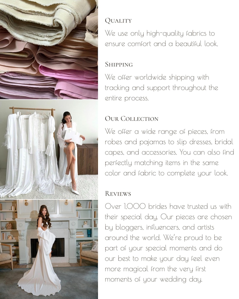 May include: A collage showcasing fabric swatches and bridal wear. The image includes text about quality, shipping, the collection, and reviews. The collection includes robes, pajamas, slip dresses, bridal capes, and accessories.