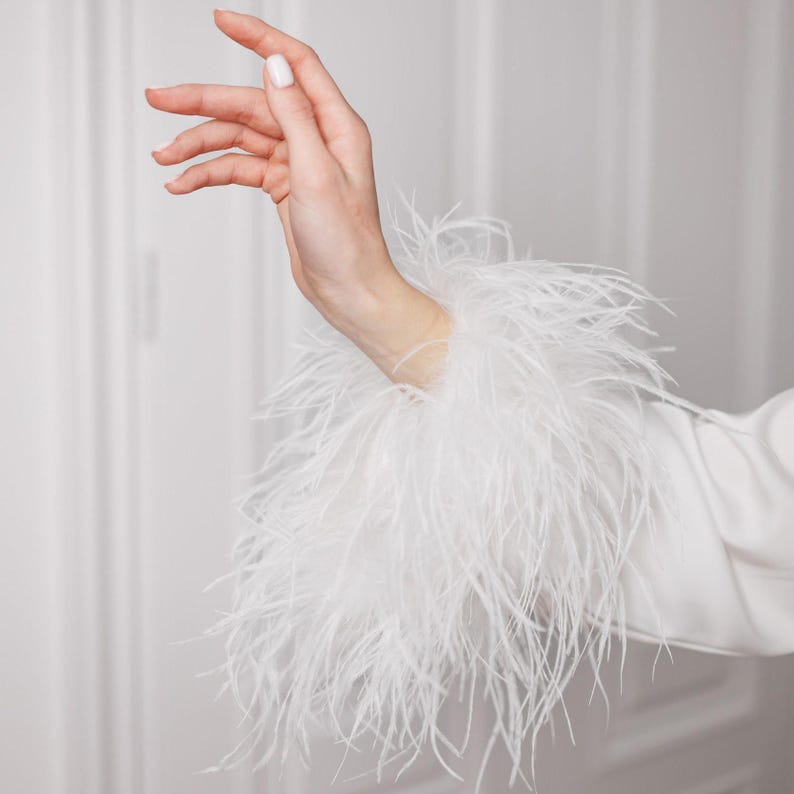 Bridal robe with feathers on sleeve, Wedding robe long train, Silk robe, Getting ready robe, Detachable feathers robe, Getting ready outfits