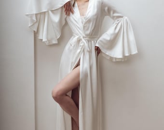 Bridal robe floor length, Romantic robe bell sleeves, Boho bridal robe,Silk kimono robe for bride,Wedding dressing robe,Getting ready outfit