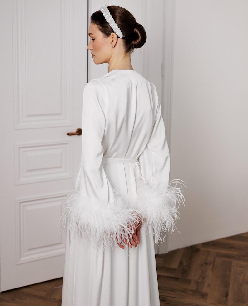 Bridal robe with feathers on sleeve, Wedding robe long train, Silk robe, Getting ready robe, Detachable feathers robe, Getting ready outfits
