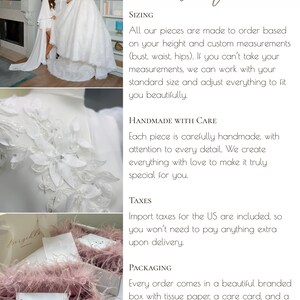 May include: A white wedding dress with floral embellishments hangs on a hanger. The image also shows a box with tissue paper, a card that says "Thank you", and a white robe.