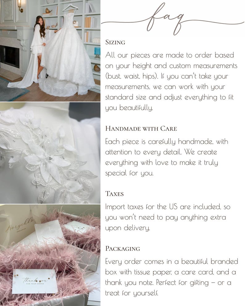 May include: A white wedding dress with floral embellishments hangs on a hanger. The image also shows a box with tissue paper, a card that says "Thank you", and a white robe.