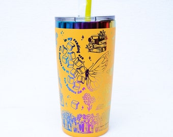 Floral and Butterfly Bookish Rainbow Tumblers, 20 oz Book Tumblers Travel Mugs with Straw, Personalized Flower Book Cup