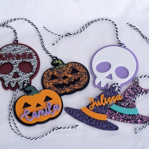 Personalized Acrylic Halloween Basket Tags, Pastel Custom Spooky Name Tags, Skull Witch Hat Pumpkin Basket Tag, Trick or Treating