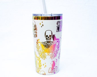 Skeleton Book Rainbow Tumblers, 20 oz Book Tumblers Mugs with Straw, Personalized Spooky Skeleton Skull Crow Bookish Cup Tumbler