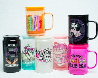 Bookish Glass Mug and Can Cups, Fantasy and Romance Book Cups, Smutty Cup, Floral and Retro Bookish Cups and Mugs