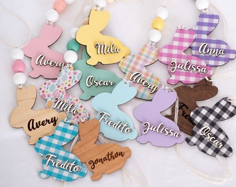 Personalized Bunny Easter Basket Tags, Pastel Custom Beaded Name Tags, Easter Basket Gift, Kids Gift, Easter Bunny Tags, Buffalo Plaid