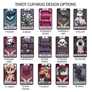 May include: A set of 15 tarot card-inspired mug designs featuring various dark romance themes. Each design includes a tarot card number, a title, and a short description. The designs are illustrated in a gothic style with dark colors and intricate details.