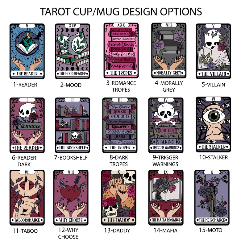 May include: A set of 15 tarot card-inspired mug designs featuring various dark romance themes. Each design includes a tarot card number, a title, and a short description. The designs are illustrated in a gothic style with dark colors and intricate details.