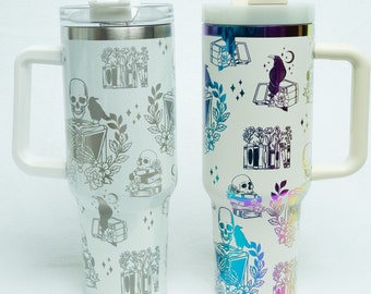 Skeleton Book Tumblers, 40 oz 30 oz Book Tumblers with Straw, Personalized Spooky Skeleton Skull Crow Bookish Cup Tumbler