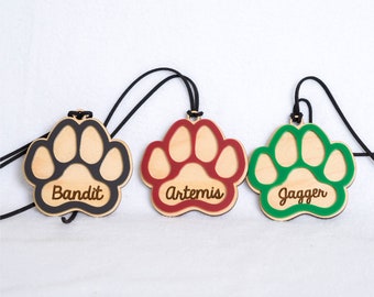 Personalized Pawprint Stocking Tags or Ornament, Pet Cat and Dog Wood Stocking Nametags Christmas, Fun Retro Christmas Decor Pet Ornaments