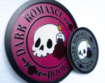 Dark Romance Book Club Round Bookshelf Signs, Skull Roses Dark Romance Bookshelf Decor, Bookish Dark Romance Shelf Sitters