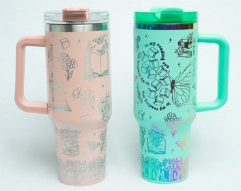 Floral and Butterfly Bookish Tumblers, 40 oz 30 oz Book Tumblers with Straw, Personalized Flower Book Cup