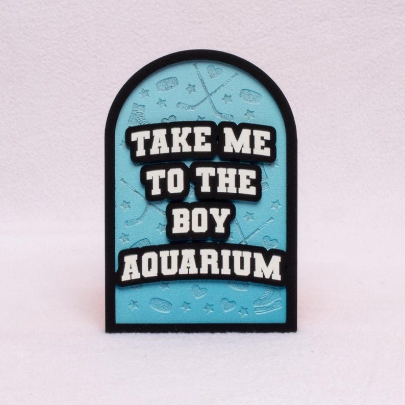 May include: A decorative sign with a black border and a light blue background. The sign features the text "TAKE ME TO THE BOY AQUARIUM" in white letters with black outlines. Hockey-themed graphics are embossed on the background.