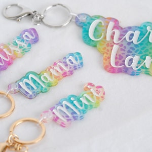 Personalized Rainbow Leopard Keychain, Custom Name Keychain, Mama Keychain, Purse Charm, Backpack Tag, Gifts for Her, Gifts for Kids