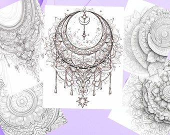 Jewelry, flowers, mandala pattern coloring 5 pages