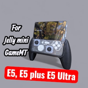May include: A black and clear game controller with a screen, designed for the Jelly mini GameMT. The controller has buttons and a D-pad. The text "E5, E5 plus E5 Ultra" is displayed on a red banner.