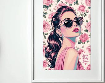 Bloom Baby Bloom Printable Wall Art, Pink Floral Fashion Illustration, Feminine Pop Art Print, Chic Girl Boss Decor, Digital Download