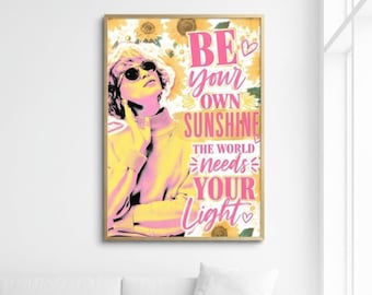 Sunflower Printable Wall Art, Be Your Own Sunshine Digital Download, Girly Pop Art Poster, Yellow Floral Printable Motivational Wall Decor