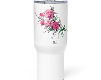 Pink Rose Travel Mug, Floral Tumbler with Handle, Insulated Coffee Cup, Aesthetic Tumbler, Stanley Style Cup, Gift for Her