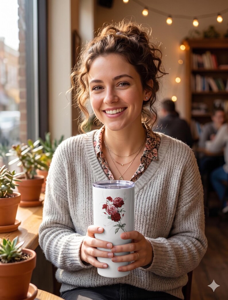 May include: A white insulated tumbler featuring a floral design with red roses and green leaves. The tumbler is held by a person wearing a gray sweater and a floral print shirt. The background includes potted plants and a window.