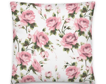Pink Rose Throw Pillow, Floral Pillow Cover, Cottagecore Home Decor, Coquette Room Decor, Romantic Accent Pillow
