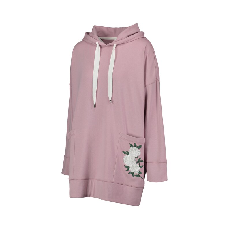 May include: A dusty rose hoodie with a drawstring hood and front pocket. The pocket features an embroidered floral design in white and green. The long-sleeved sweatshirt has a relaxed fit and is made of a soft material.