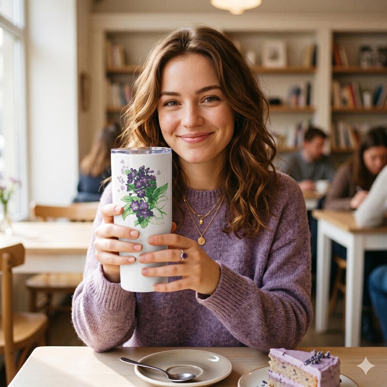 May include: A white tumbler featuring a purple floral design. The tumbler is held by a person wearing a purple sweater. The background shows a cafe setting with bookshelves and other people seated at tables.