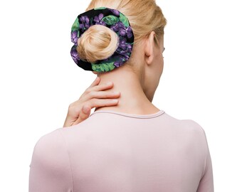 Purple Floral Satin Scrunchie, Violet Flower Hair Scrunchie, Floral Hair Tie, Cottagecore Hair Accessory, Gift for Her