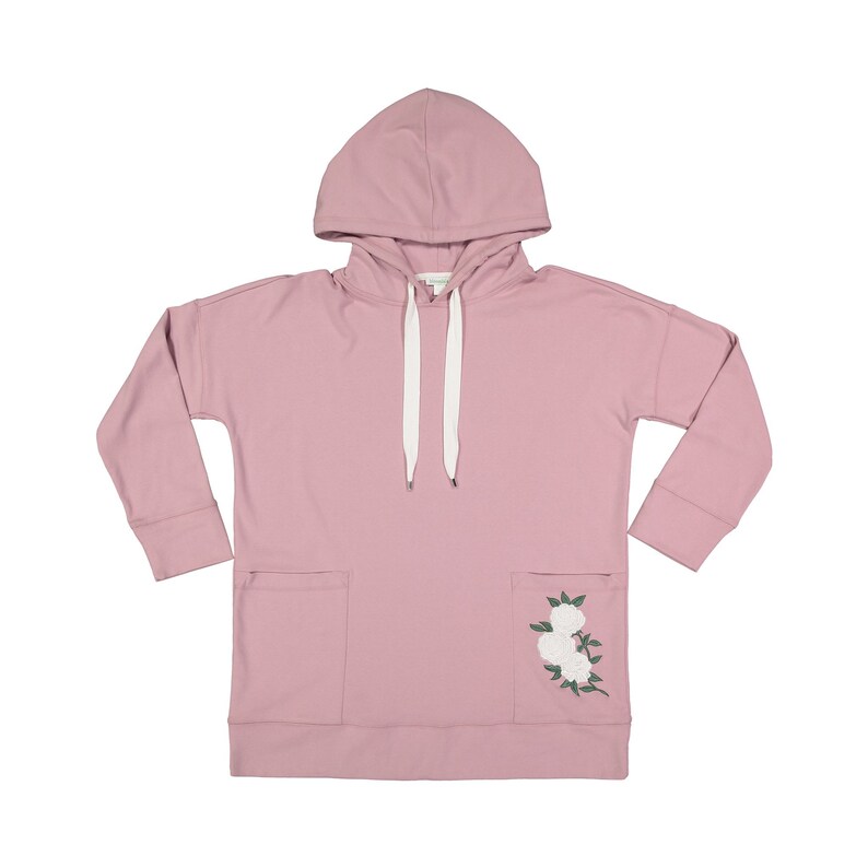May include: A dusty rose hoodie with a hood, long sleeves, and two front pockets. White drawstrings are threaded through the hood. The lower right pocket features an embroidered floral design with white flowers and green leaves.