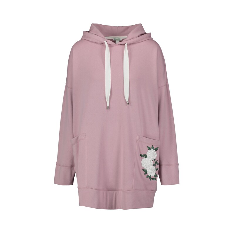May include: A dusty rose-colored hoodie with a drawstring hood and front pockets. The long-sleeved sweatshirt features an embroidered floral design on the lower left side. White drawstrings and cuffs add contrast to the casual, comfortable garment.