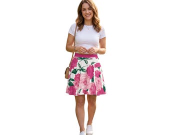 Pink Rose Floral Skirt Women, Aesthetic Skater Skirt, Cute Summer Skirt, Feminine Outfit, Garden Party Skirt, Gift for Her