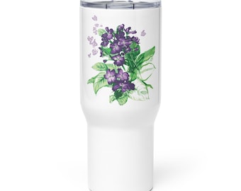 Violet Floral Travel Mug, Floral Tumbler with Handle, Insulated Coffee Cup, Aesthetic Tumbler, Stanley Style Cup, Gift for Her