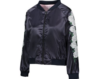 Ivory Rose Embroidered Reversible Bomber Jacket