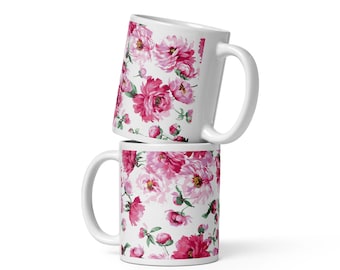 Pink Flower Coffee Mug, Floral Ceramic Mug, Aesthetic Coffee Cup, Cute Gift for Her