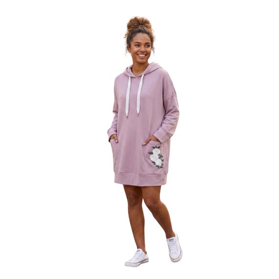 Ivory Rose Floral Hoodie Dress Women, Oversized Sweatshirt Dress, Embroidered Hoodie Dress, Cozy Athleisure Outfit, Gift for Her