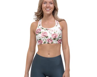 Light Pink Rose Floral Sports Bra, Floral Workout Top, Aesthetic Activewear, Floral Gym Outfit, Cute Athleisure Bra, Gift for Her